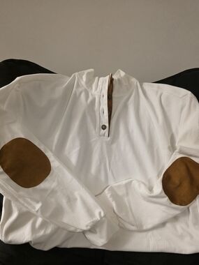 White Ribbed  Sweatshirt with Brown Elbow Patches